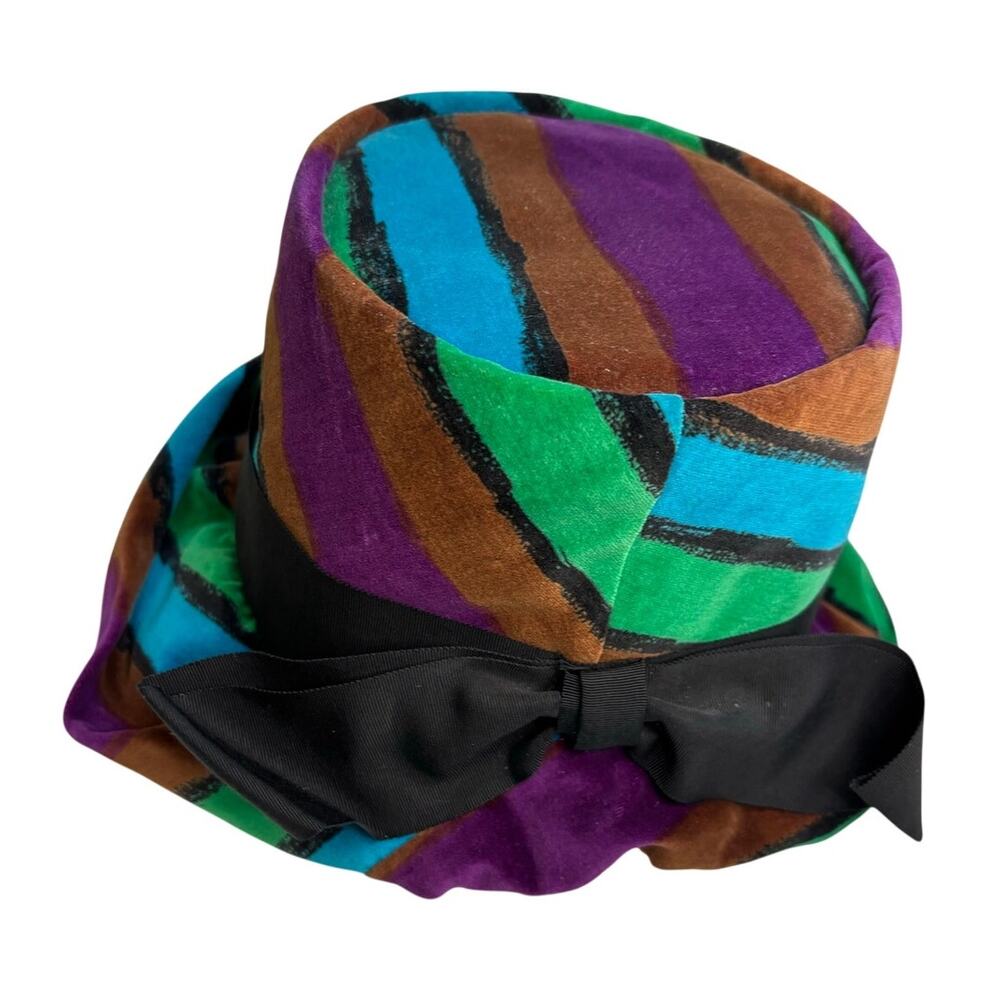 Vintage 1930s-50s Striped Velvet Womens Hat Vibrant Colors Retro